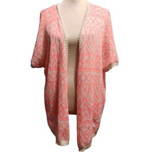 Miss Daisy S Coral Aztec Open Knit Cardigan Short Sleeve Boho Lightweight Layer